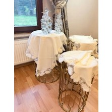Ceki Home Krem Çeyizlik Flowers Model 5 Parça Keten Dantelli Salon Takımı Runner Seti