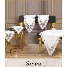 Ceki Home Krem-Krem Samina Model Çeyizlik Dantelli Keten Masa Örtüsü Runner Seti Salon Takımı 5 Parça