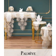 Ceki Home Salon Takımı 7 Parça Keten Masa Örtüsü Runner Seti Çeyizlik Palmiye Model Krem-Krem