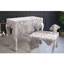 Ceki Home Salon Takımı 5 Parça Keten Dantelli Masa Örtüsü Runner Seti Çeyizlik Flowers Model No 9964 Kapiçino