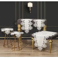 Salon Takımı Krem-Gold Kayla Model 5 Parça Keten Dantelli Masa Örtüsü Runner Seti