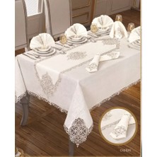 Ceki Home 26 Parça Elegant Linen Krem-Gold 12 Kişilik 160 × 260 cm Masa Takımı