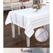 Ceki Home Polyester Ajurlu Keten Masa Örtüsü Tablecloth 160x260 cm Dantelli Yemek Masası Örtüsü Sahra Model Beyaz