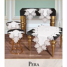 Ceki Home Salon Takımı 5 Parça Dantelli Keten Masa Örtüsü Runner Seti Çeyizlik Pera Model No 3982 Krem