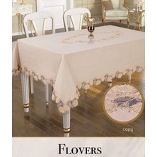 Ceki Home Keten 3D İşlemeli Tek Masa Örtüsü 160x220cm Dantelli Yemek Masası Örtüsü Flowers Model Kapiçino