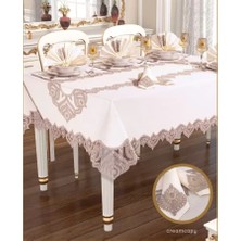 Ceki Home Kartanesi Gardenya Keten Krem-Kapiçino 12 Kişilik 26 Parça Çeyizlik Şık 160x220 cm Masa Örtüsü