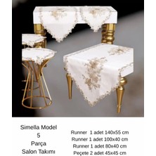 Ceki Home Salon Takımı 5 Parça Nakış Işlemeli Masa Örtüsü Runner Seti Çeyizlik Simella Model No 111 Krem-Kapi