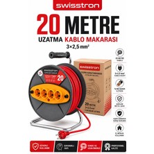 SwissTron 20 Metre 3x2,5 Mm² Makaralı Uzatma Kablosu 4’lü Topraklı Prizli Seyyar Kablo Makarası Bakır Sargılı