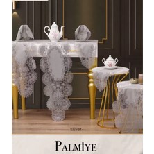 Palmiye Model Gri 5 Parça Keten Masa Örtüsü Runner Seti Salon Takımı