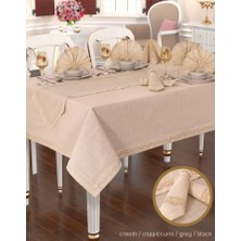 Ceki Home Zara Linen Yemek Takımı Masa Seti 12 Kişilik 26 Parça 155 × 220 cm Runner Set Kapiçino