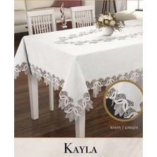 Kayla Model Krem Keten Masa Örtüsü 155X260 cm Dantel Şık Yemek Masası Örtüsü