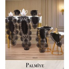 Ceki Home Salon Takımı 5 Parça Keten Masa Örtüsü Runner Seti Çeyizlik Palmiye Model No 70804 Siyah