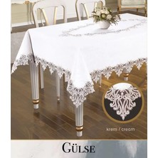Gülse Model Keten Tek Masa Örtüsü 155X260 cm Krem Dantelli Yemek Masası