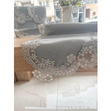 Ceki Home Salon Takımı 5 Parça Keten Dantelli Masa Örtüsü Runner Seti Çeyizlik Firuze Model Gri