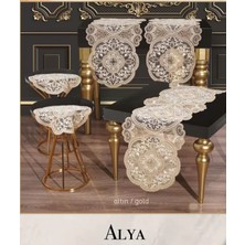 Ceki Home Salon Takımı 5 Parça Dantelli Masa Örtüsü Runner Seti Alya Model No124 - Gold