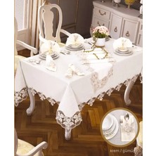 Ceki Home Karanfil Gardenya Keten Yemek Takımı Masa Seti 12 Kişilik 26 Parça 160 × 220 cm Runner Set Krem-Gümüş