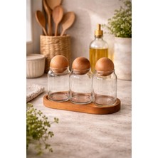 Empressco Ahşap Standlı 3’lü Cam Kavanoz Seti – Top Kapaklı | 300 ml