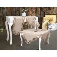 Ceki Home Salon Takımı 5 Parça Keten Dantelli Masa Örtüsü Runner Seti Çeyizlik Flowers Model Kapiçino