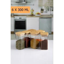 Empressco 6'lı 300ML Kare Bambu Kapaklı Cam Kavanoz Lüks Seri