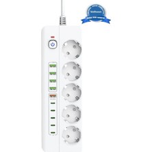The Gencoo 3500W Akım Korumalı 5’li Grup Priz: 5x USB + 5x Type-C Çıkışlı (2 Metre)