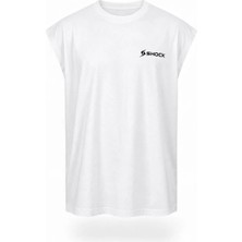 Shock Man Shock Sportswear Erkek Kolsuz Fitness Tişörtü Beyaz Metalik Siyah Logo 2xl