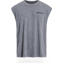 Shock Man Shock Sportswear Erkek Kolsuz Fitness Tişörtü Asit Gri Metalik Siyah Logo M