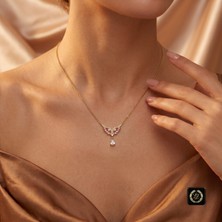 Stainless Steel 316L Çelik Gold Renk Pembe Taşlı Kanat Figürlü Damla Kolye