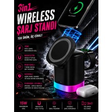 ÇELİKWORK 15W 3'ü 1 Arada Manyetik Kablosuz Şarj Standı MagSafe Uyumlu RGB Işıklı iPhone iWatch AirPods SİYAH