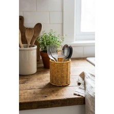 Yuvarlak Hasır Dokulu Plastik Rattan Kaşıklık ve Çatallık, Askılı Çok Amaçlı Mutfak Organizeri, 10X14 cm