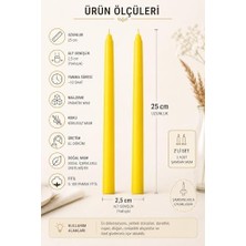 2’li Sarı Şamdan Mum Seti 25 cm – Dekoratif Ince Şamdan Mum, Kokusuz Parafin WAX,%100 Pamuk Fitil, El Döküm, Uzun Süre Yanma (~10 Saat), Şık Sofra, Davet, Nişan, Düğün ve Ev Dekorasyonu Için Zarif