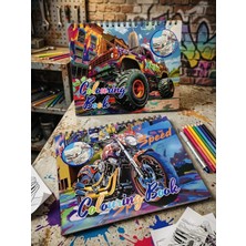 ÖZ OFİS Araba ve Motosiklet Temalı Stickerlı Boyama Defteri Araba ve Motor Stickerı ve 32 Sayfa Gramajlı Kağıda Baskılı Boyama