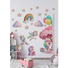 New Global Unicorn Temalı Boy Ölçerli Duvar Sticker Seti - Çocuk Odası Duvar Dekoru, Mat Pvc, Sökülebilir, Boy