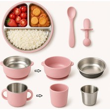igygoods Silikon Vakum Tabanlı Paslanmaz Çelik Bebek Mama Tabağı, Kase, Paslanmaz Çelik Içli Kulplu Bardak ve Ikili Silikon Kaşık  Set