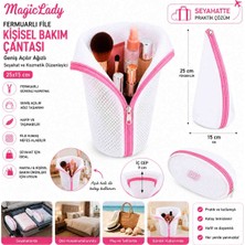 Magic Lady Fermuarlı Pembe File Kişisel Bakım Çantası – Geniş Açılır Ağızlı Seyahat ve Kozmetik Düzenleyic