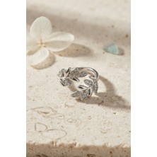 Gümüş Renk Zeytin Dalı Yaprak Desenli Ayarlanabilir Zirkon Taşlı Kadın Yüzük