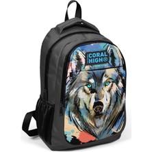 Coral High Siyah Kurt Desenli Ilkokul ve Ortaokul Sırt Çantası Üç Bölmeli Erkek Çocuk