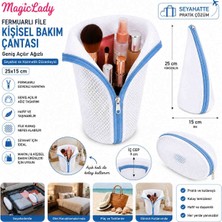 Magic Lady Fermuarlı Mavi File Kişisel Bakım Çantası – Geniş Açılır Ağızlı Seyahat ve Kozmetik Düzenleyici