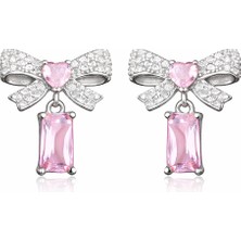 Tienda Elegante Gümüş Pembe Taşlı Fiyonk Kadın Küpe