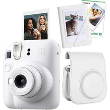 Instax Mini 12 Fotoğraf Makinesi-10'lu Film-Mini Albüm ve Deri Kılıf Seti (Beyaz)