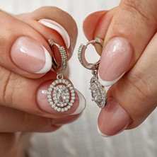Tienda Elegante Gümüş Oval Taşlı Sallantılı Küpe