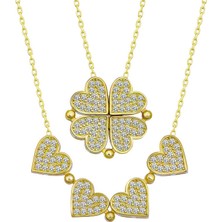 Tienda Elegante Gümüş Gold Kalpli Açılabilen Yonca Kadın Kolye