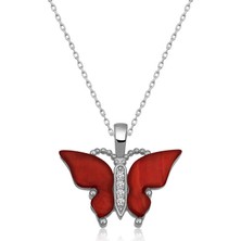 Tienda Elegante Gümüş Kırmızı Kaplangözü Taşlı Kelebek Kolye