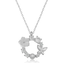 Tienda Elegante Gümüş Manolya Çiçeği Kelebek Kadın Kolye