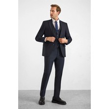 Süvari Lacivert Slim Sivri Yaka 6 Drop Yelekli Takım Elbise