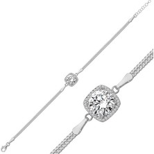 Tienda Elegante Gümüş Kare Montür Beyaz Taşlı Kadın Bileklik