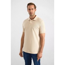 Süvari Bej Slim Düz Nakışlı Pike Düğmeli Polo Yaka Tişört