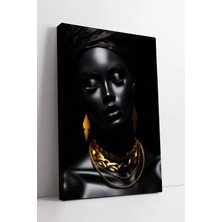 Mushen Studio Altın Zincirli Siyah Portre Afro Stil Sanatsal Kadın Figür Modern Dekoratif Kanvas Tablo Duvar Dekor