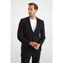 Süvari Siyah Slim Mono Yaka Düz Torba Cep 6 Drop Takım Elbise