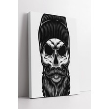 Mushen Studio Siyah Beyaz Kafatası ve Sakallı Maskülen Çizim Modern Dekoratif Barber Temalı Kanvas Tablo Duvar Dek