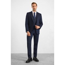 Süvari Lacivert Slim Sivri Yaka 6 Drop Yelekli Takım Elbise